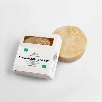 Exfoliating Luffa Bar with packaging on a light gray background