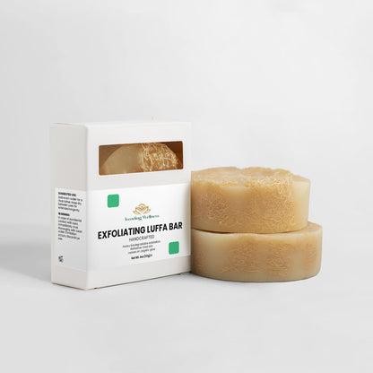 Exfoliating Luffa bar with packaging on a white background