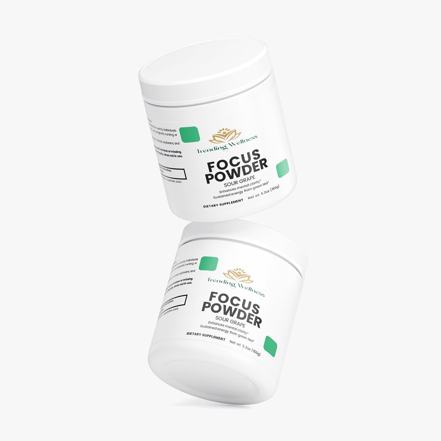 Two containers of 'Focus Powder' by Ancient Wellness on a white background