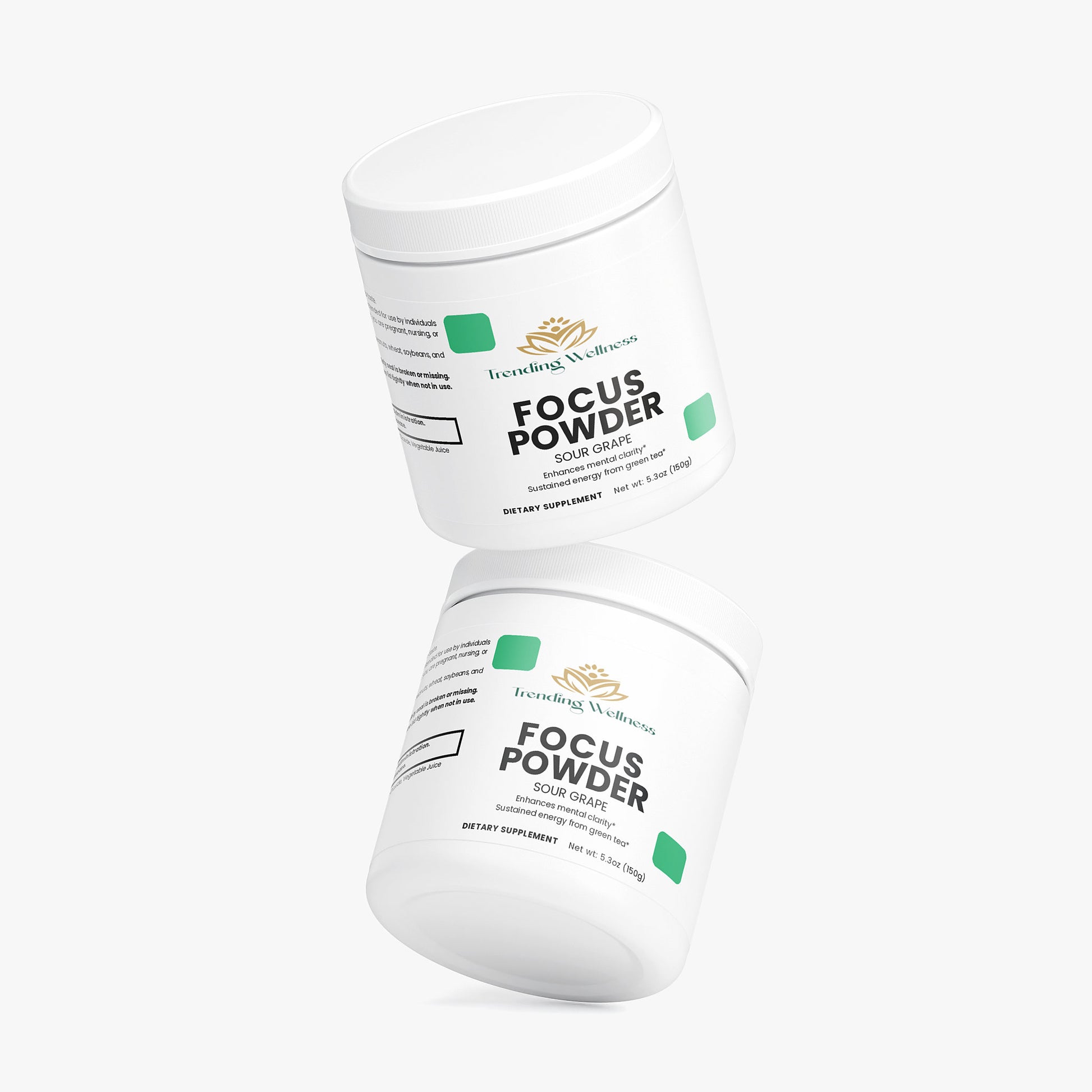 Two containers of 'Focus Powder' by Ancient Wellness on a white background