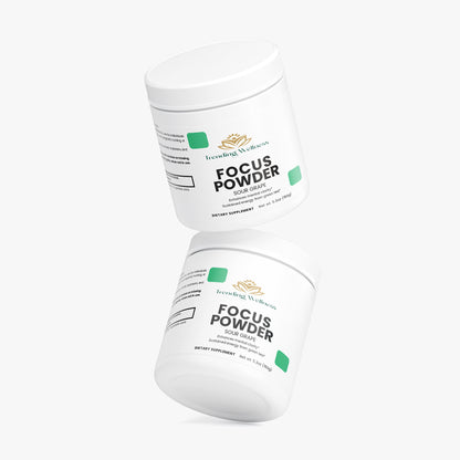 Two containers of 'Focus Powder' by Ancient Wellness on a white background