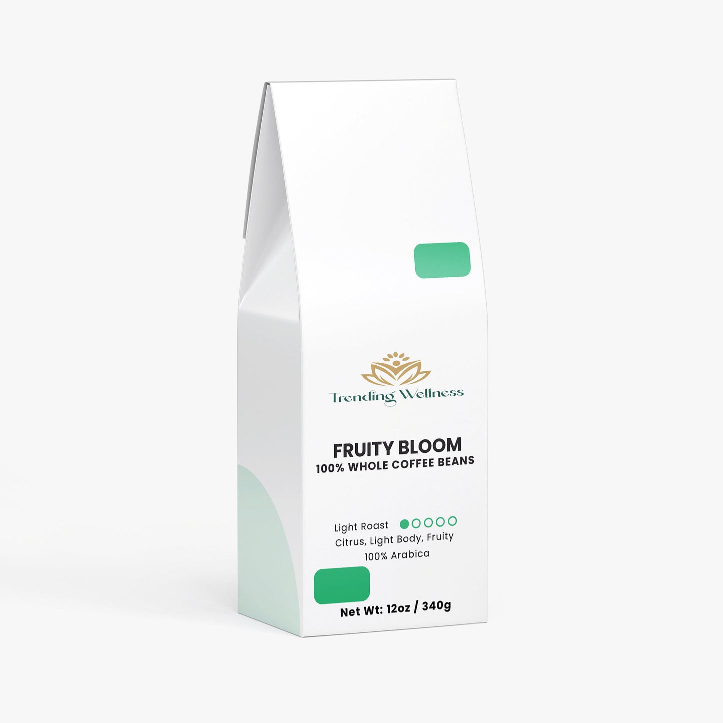 Coffee bean package labeled 'Fruity Bloom' by Trending Wellness on a white background