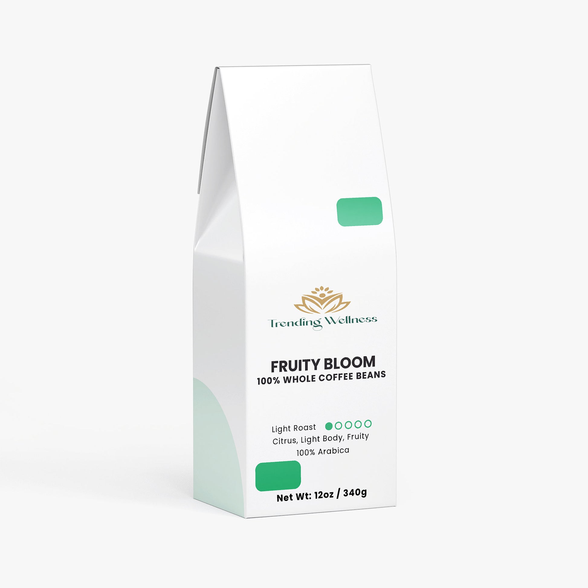 Coffee bean package labeled 'Fruity Bloom' by Trending Wellness on a white background