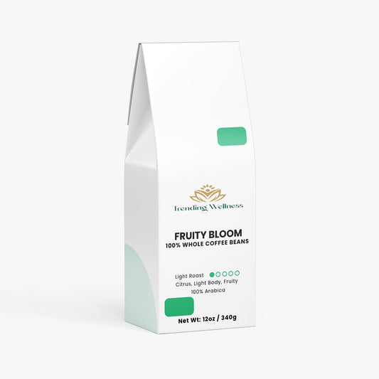 Coffee bean package labeled 'Fruity Bloom' by Trending Wellness on a white background