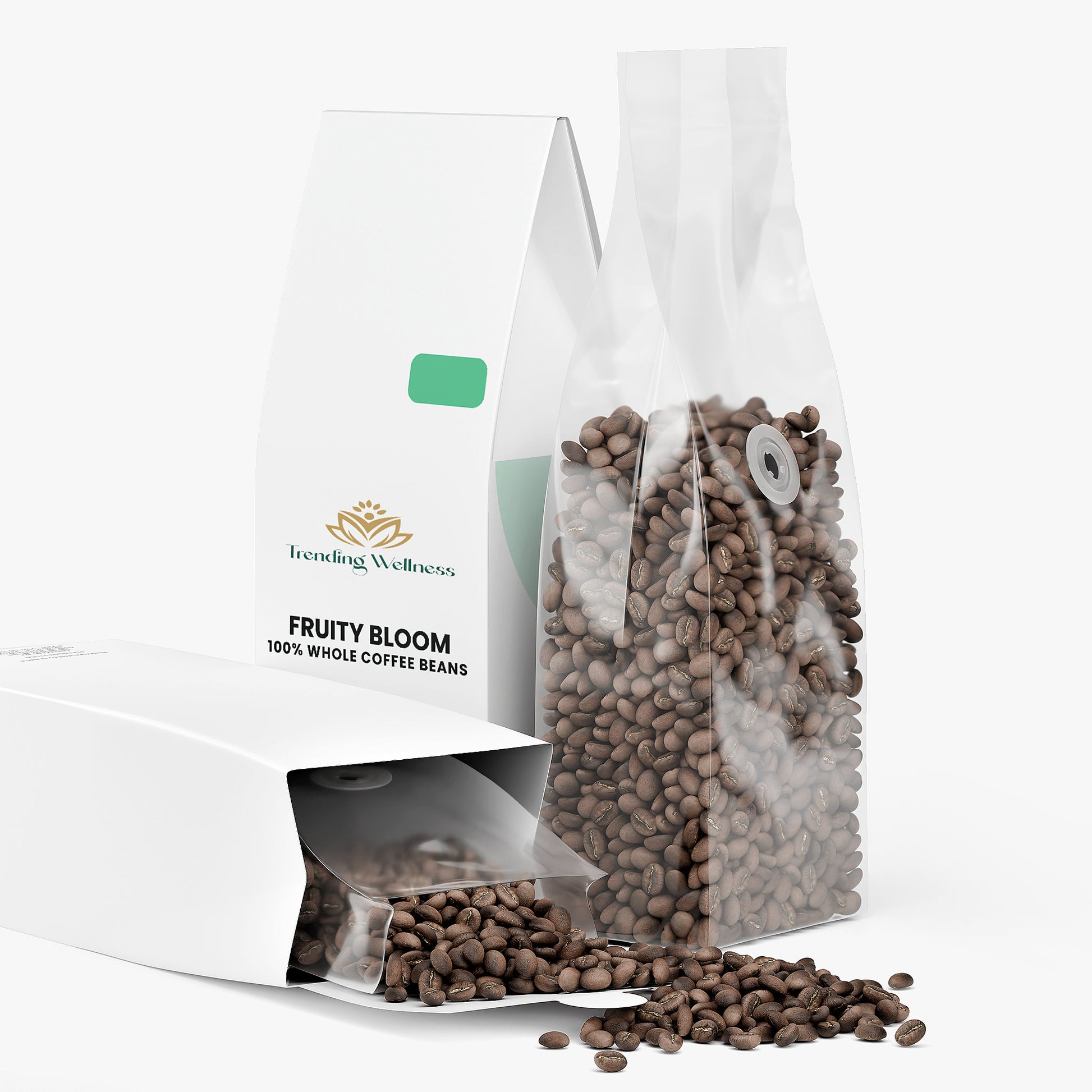 Clear bag of coffee beans with visible branding on a white background