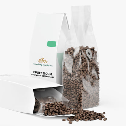 Clear bag of coffee beans with visible branding on a white background