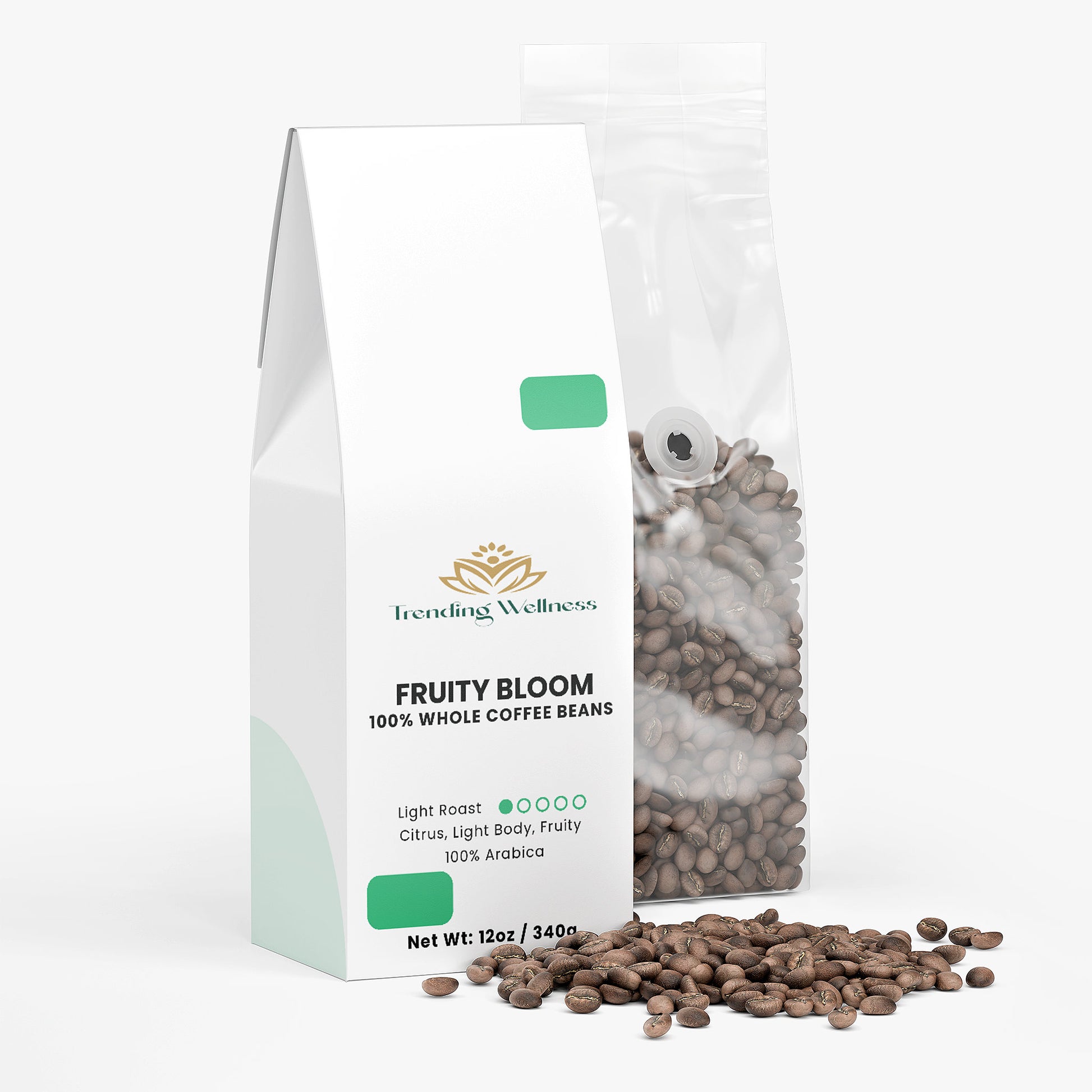 Packaging of Trending Wellness Fruity Bloom coffee beans with visible coffee beans on a white background