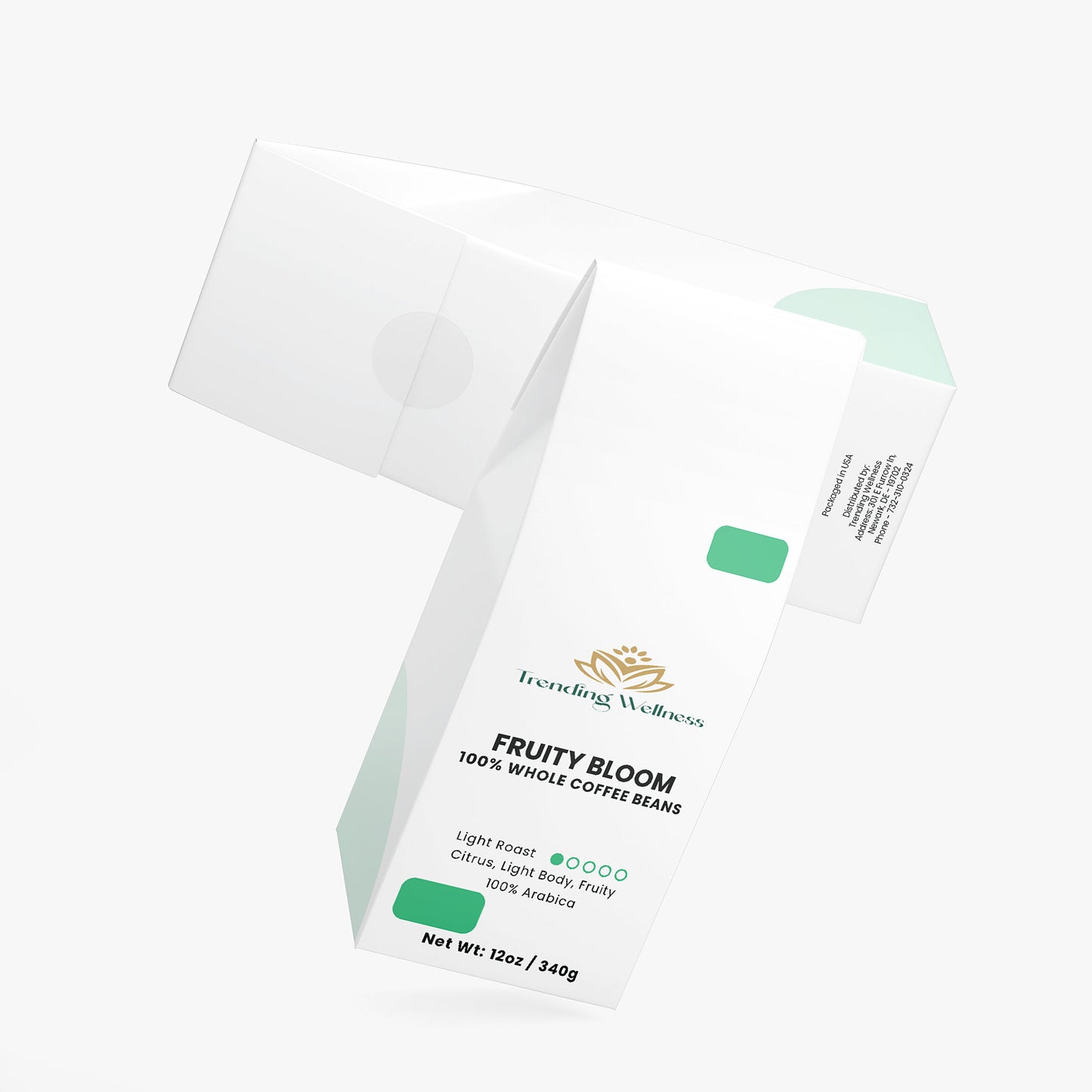 Package of Trending Wellness Fruity Bloom coffee beans on a white background