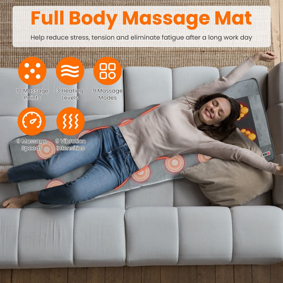 Full Body Electric Massage Mat with Heat Vibration Massage Pad Cushion Back Massage Mattress Chair Pad with Neck Massage Pillow with 10 Vibration Motors Timer