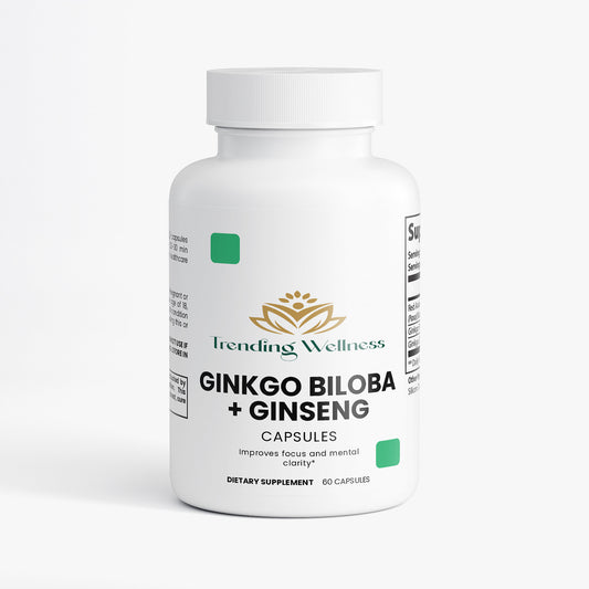 Supplement bottle labeled 'Ginkgo Biloba + Ginseng' by Tiending Wellness on a white background