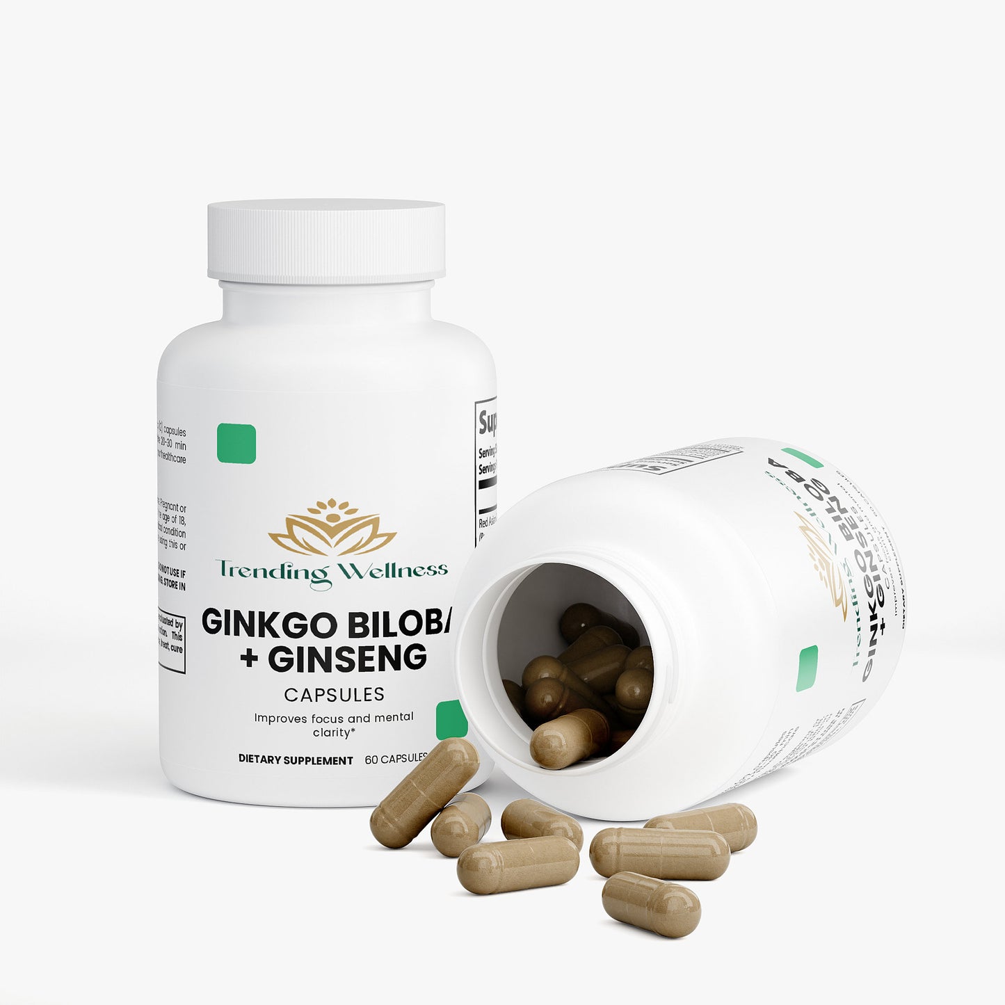 Supplement bottle labeled 'Trending Wellness Ginkgo Biloba + Ginseng' with open lid showing capsules on a white background.