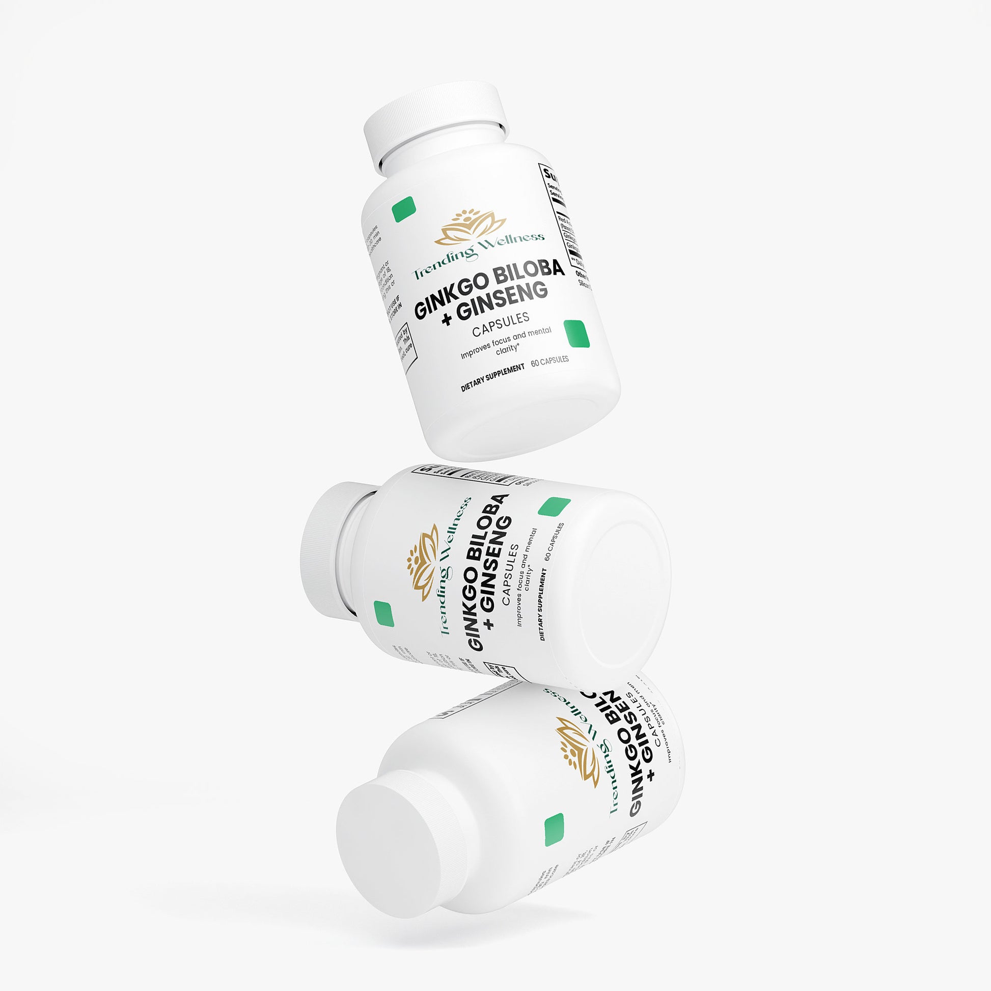 Two bottles of Ginkgo Biloba and Ginseng capsules on a white background