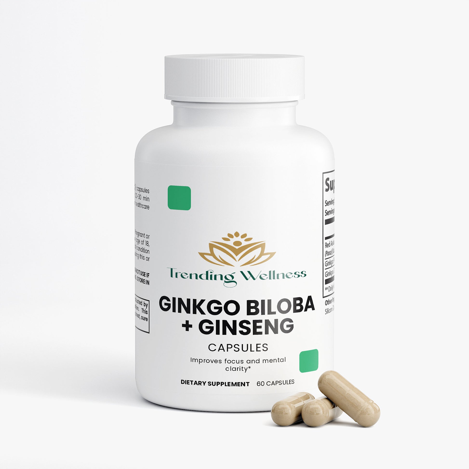 Supplement bottle labeled 'Ginkgo Biloba + Ginseng' by Tiending Wellness on a white background