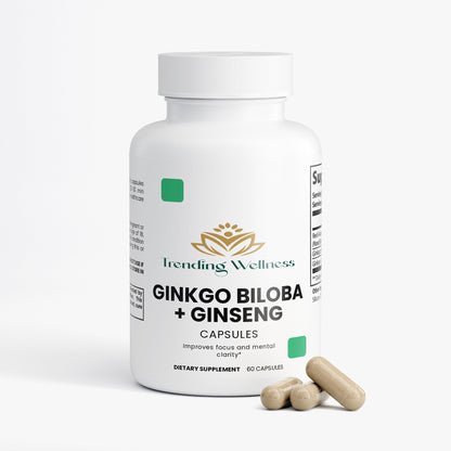 Supplement bottle labeled 'Ginkgo Biloba + Ginseng' by Tiending Wellness on a white background