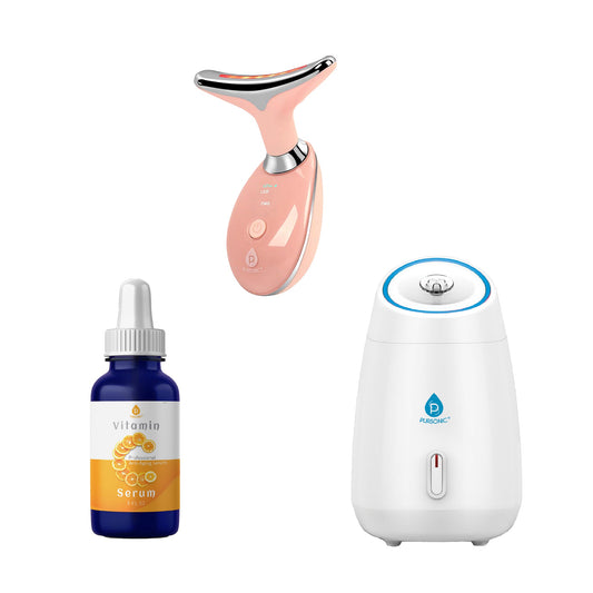 Glow & Renew Skincare Bundle: Facial Steamer, 7-in-1 LED Light Therapy Device & Vitamin C 20% Serum - Trending Wellness Store