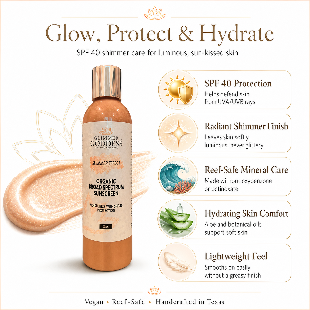 Goddess Glow Shimmer Suntan Lotion SPF 40 – Reef-Safe Radiance - Trending Wellness Store