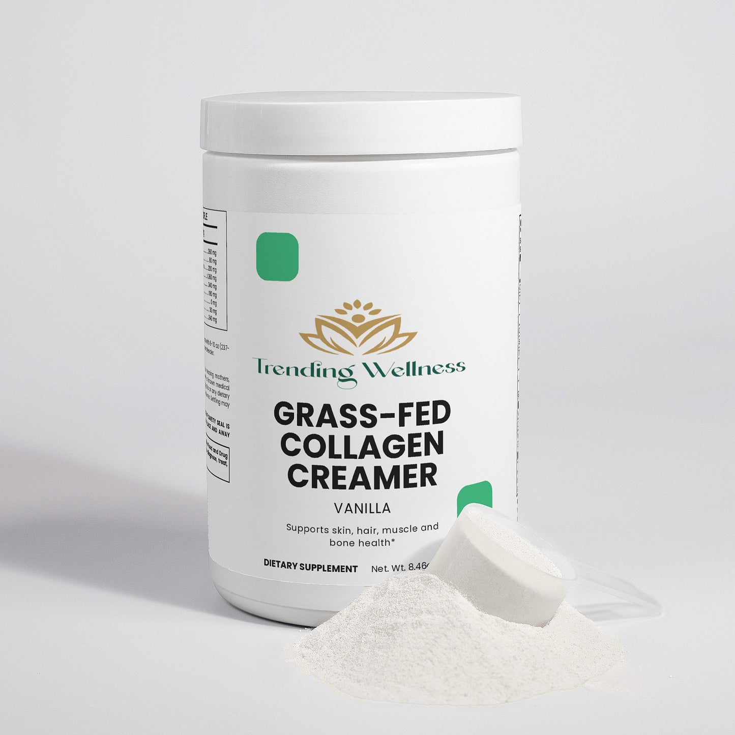 Trending Wellness Grass-Fed Collagen Creamer container with creamer on a white background