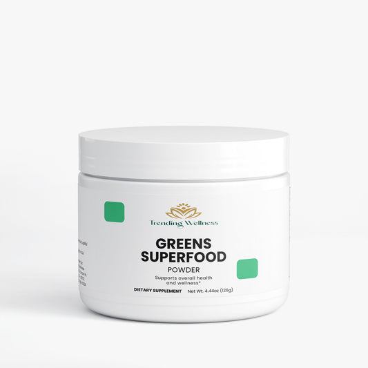 Jar of Greens Superfood Powder with Trending Wellness logo on a white background