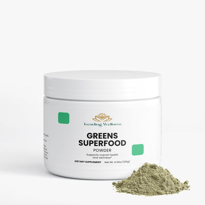 Jar of Greens Superfood Powder with Trending Wellness logo on a white background
