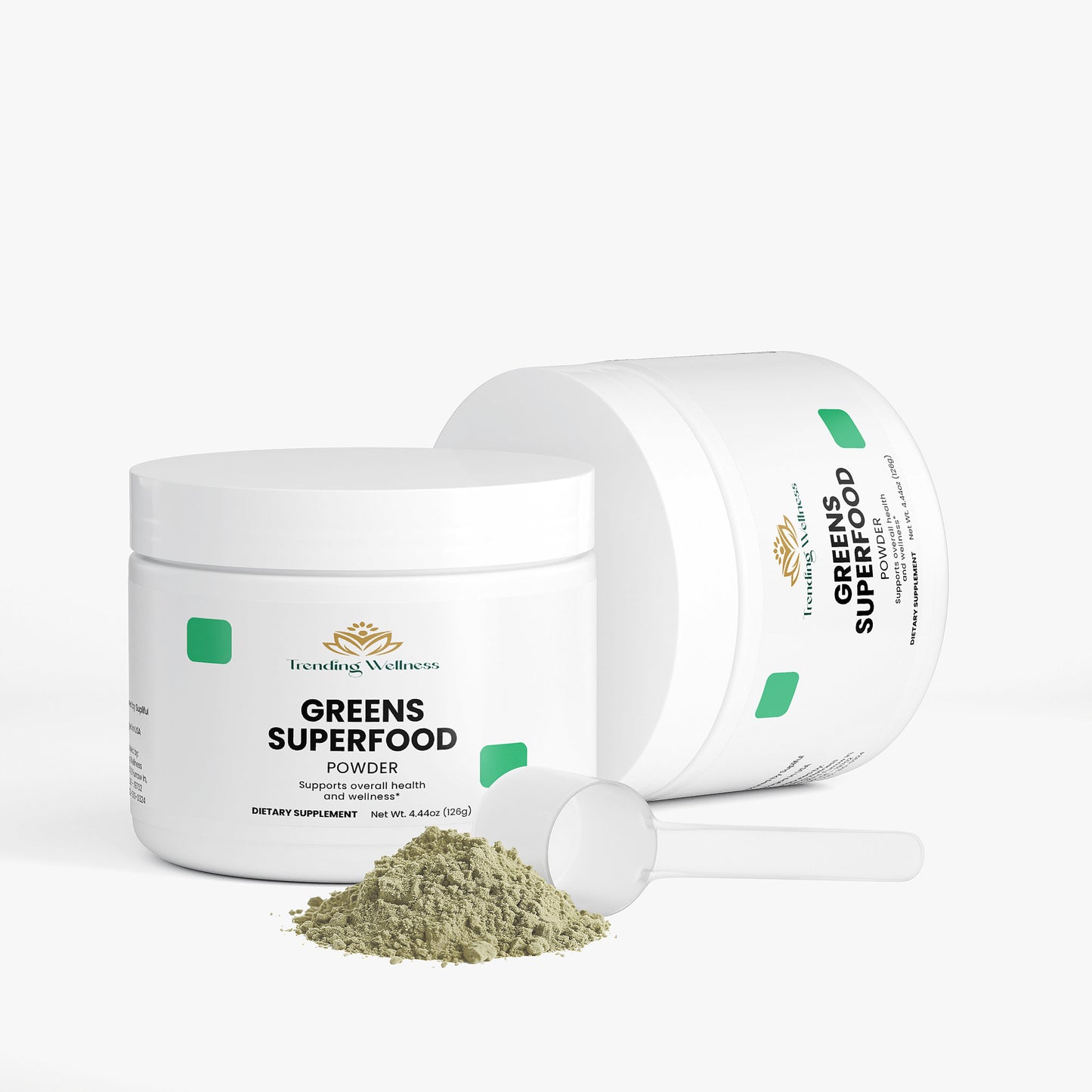 Jar of Greens Superfood Powder with scoop on a white background