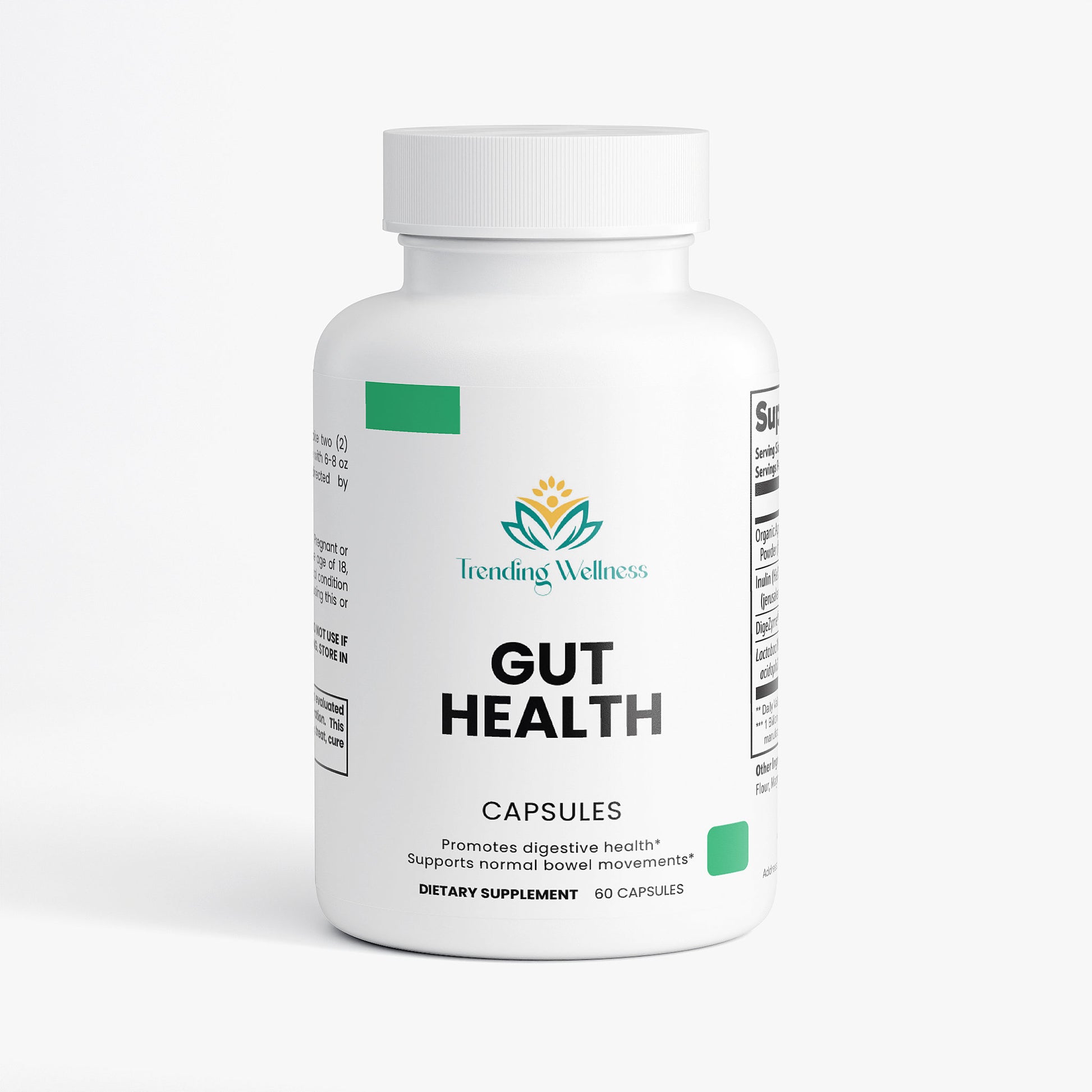 Supplement bottle labeled 'Gut Health' by Trending Wellness on a white background