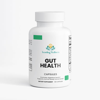 Supplement bottle labeled 'Gut Health' by Trending Wellness on a white background