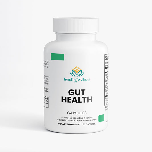 Supplement bottle labeled 'Gut Health' by Trending Wellness on a white background