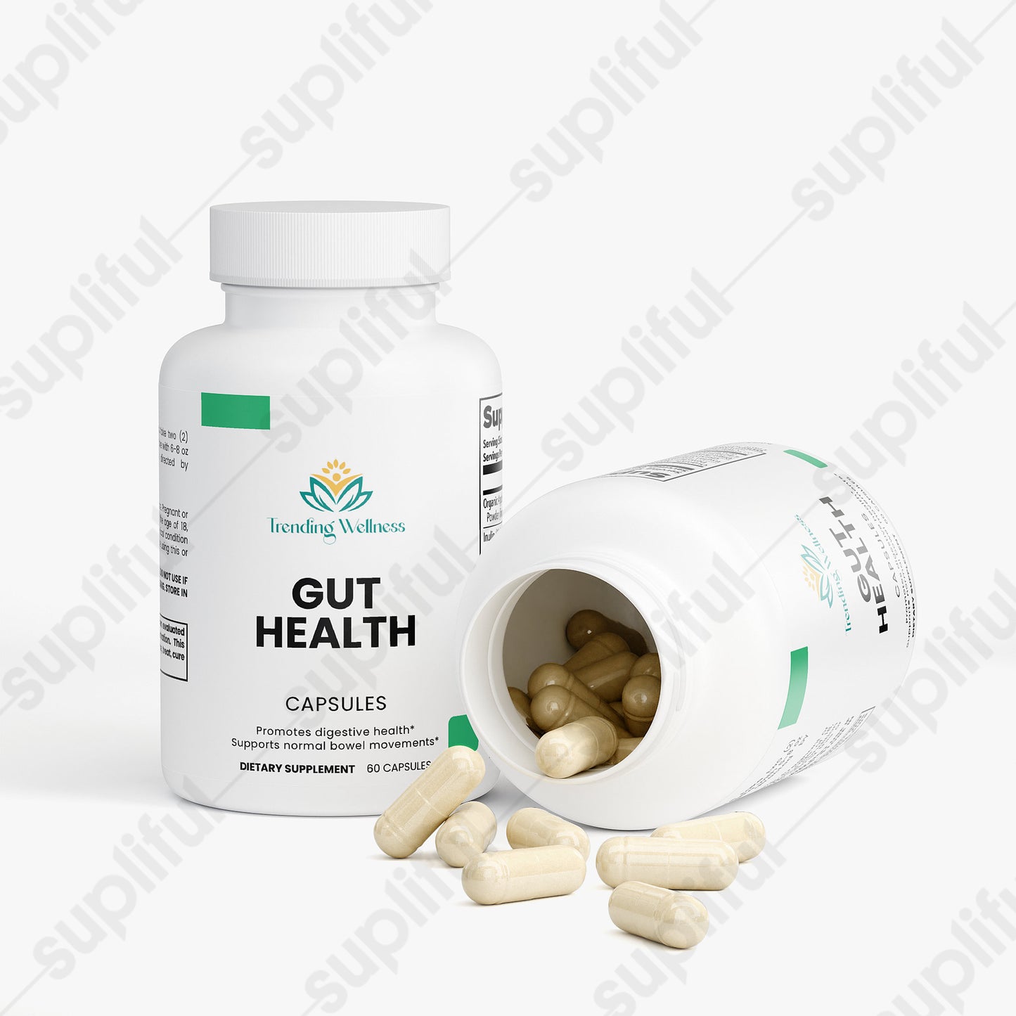 Supplement bottle labeled 'Gut Health' with capsules on a white background