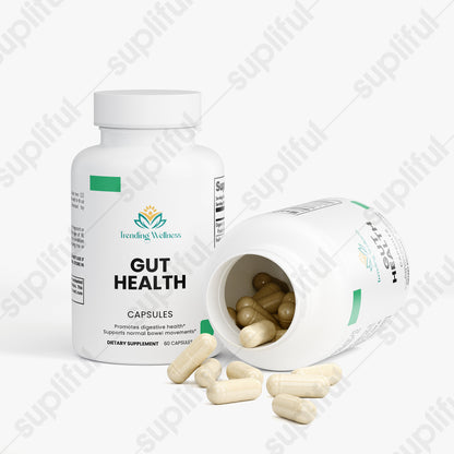 Supplement bottle labeled 'Gut Health' with capsules on a white background