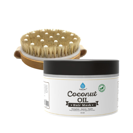 Hair Care and Massage Bundle: Bath Brush and Rubber Massager with Lotus wooden handle + 100% Natural Coconut Oil Hair Mask 10 Oz - Trending Wellness Store