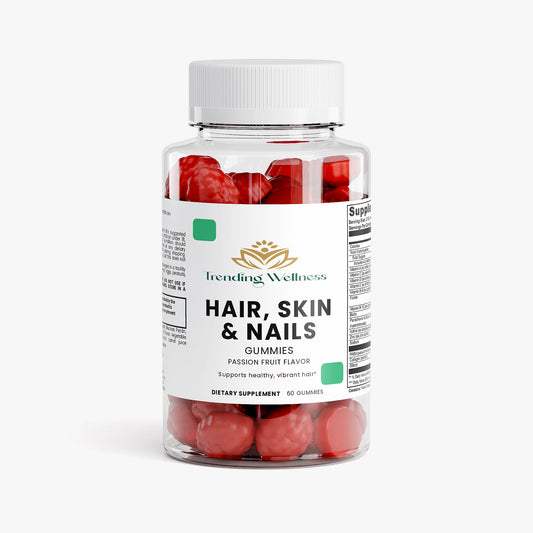 Bottle of Hair, Skin & Nails gummies with a white label on a white background