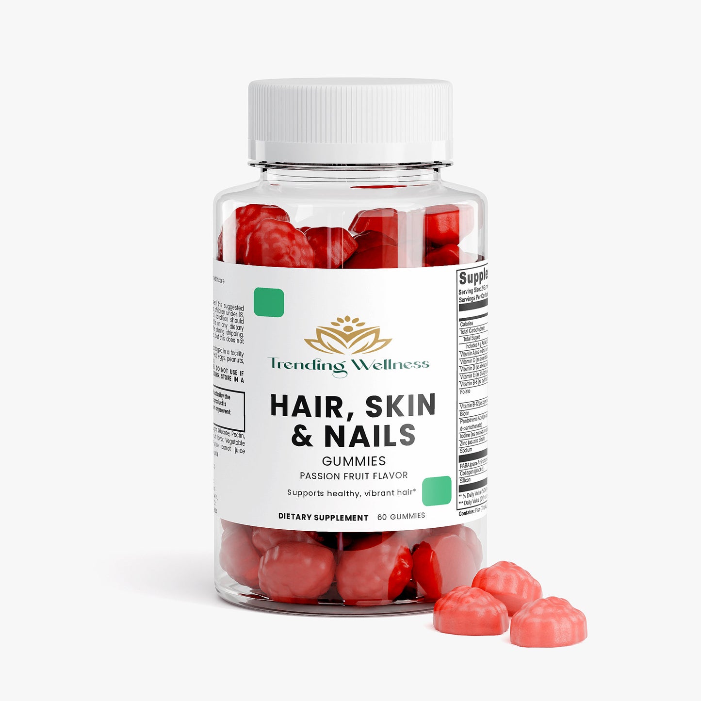 Bottle of hair, skin, and nails gummies with a white cap on a white background