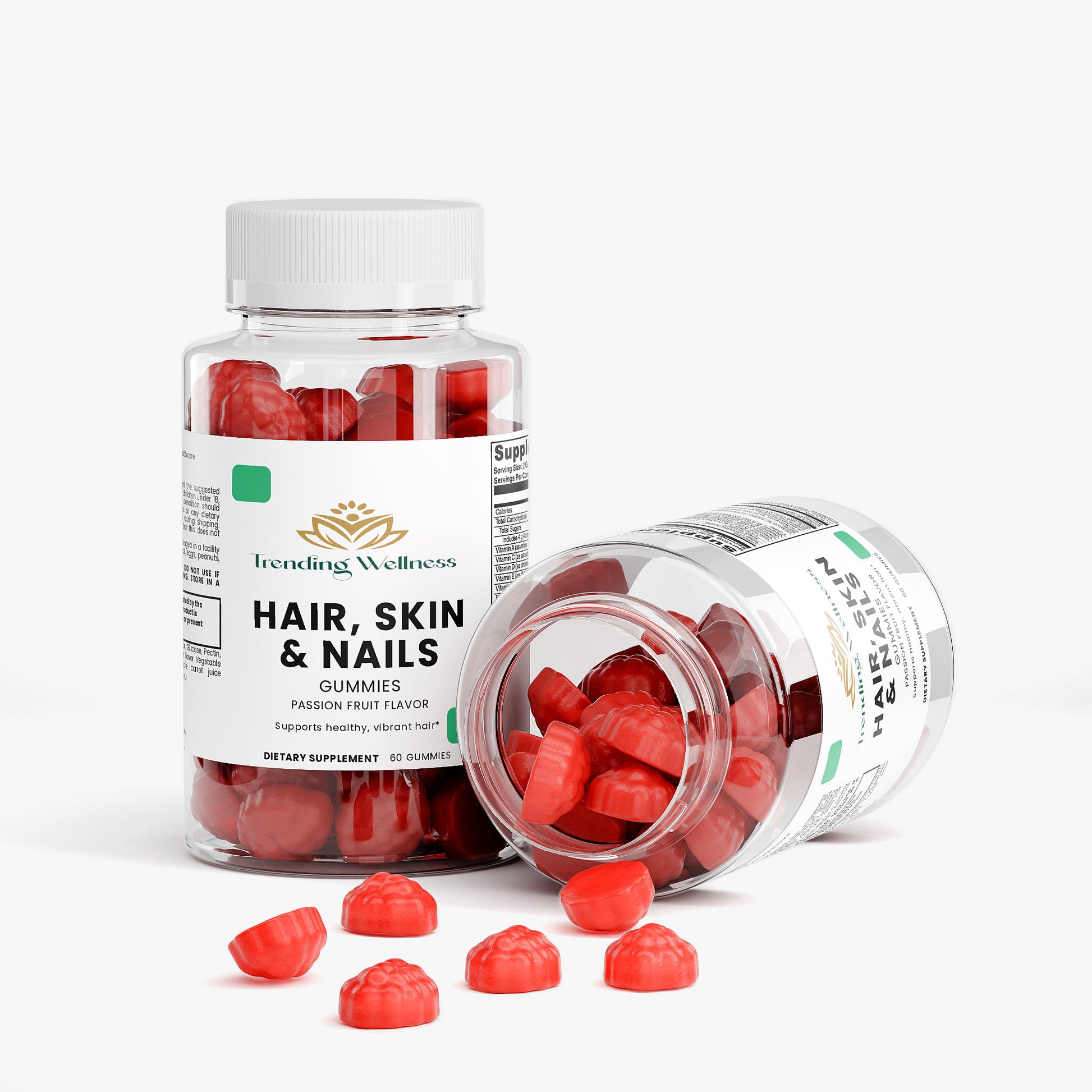 Hair, Skin & Nails gummy supplement bottles with gummies on a white background