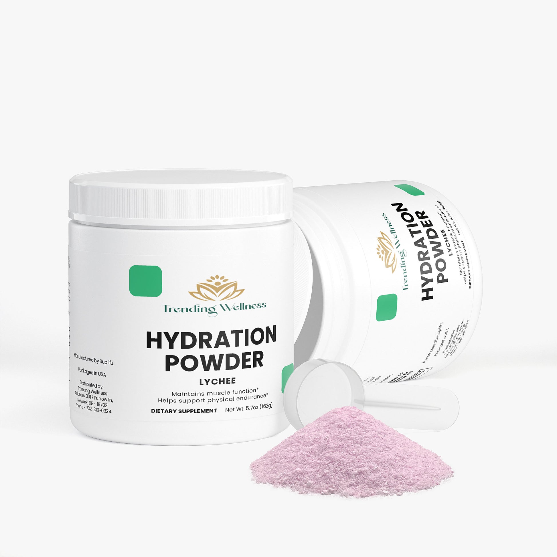 Trending Wellness Hydration Powder container with pink powder on a white background