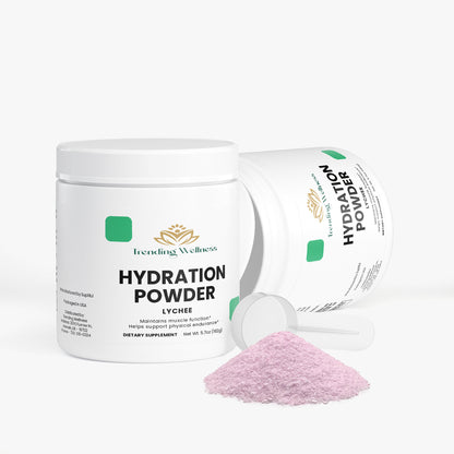 Trending Wellness Hydration Powder container with pink powder on a white background