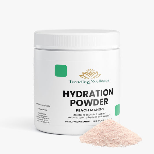 Trending Wellness hydration powder container with peach mango flavor on a white background
