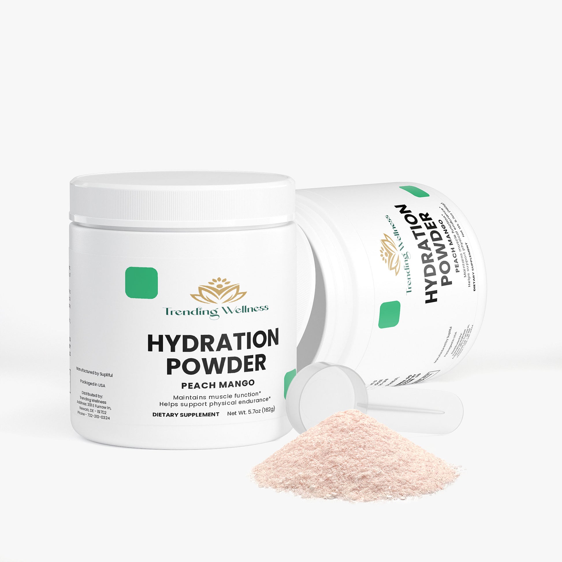 Trending Wellness Hydration Powder container with peach mango flavor on a white background