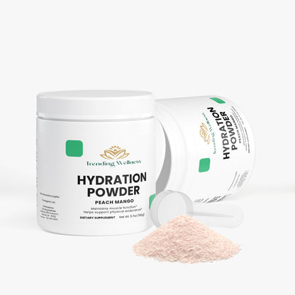 Trending Wellness Hydration Powder container with peach mango flavor on a white background