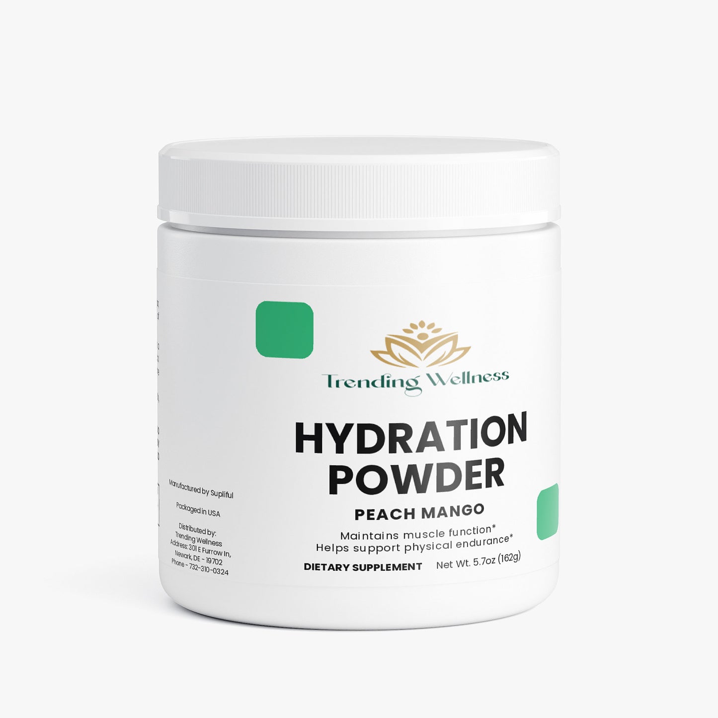 Tub of Trending Wellness Hydration Powder on a white background
