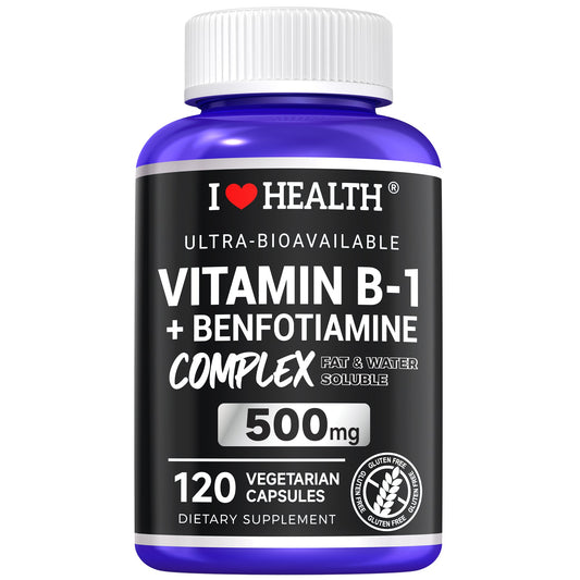 I Love Health Vitamin B1 500mg with Benfotiamine 20mg, 120 Capsules – 2 in 1 B-1 Complex Enhanced Formula – Fat & Water Soluble Thiamine B1 Supplement – Third Party Lab Tested, Non-GMO, No Gluten, MADE In USA - Trending Wellness Store
