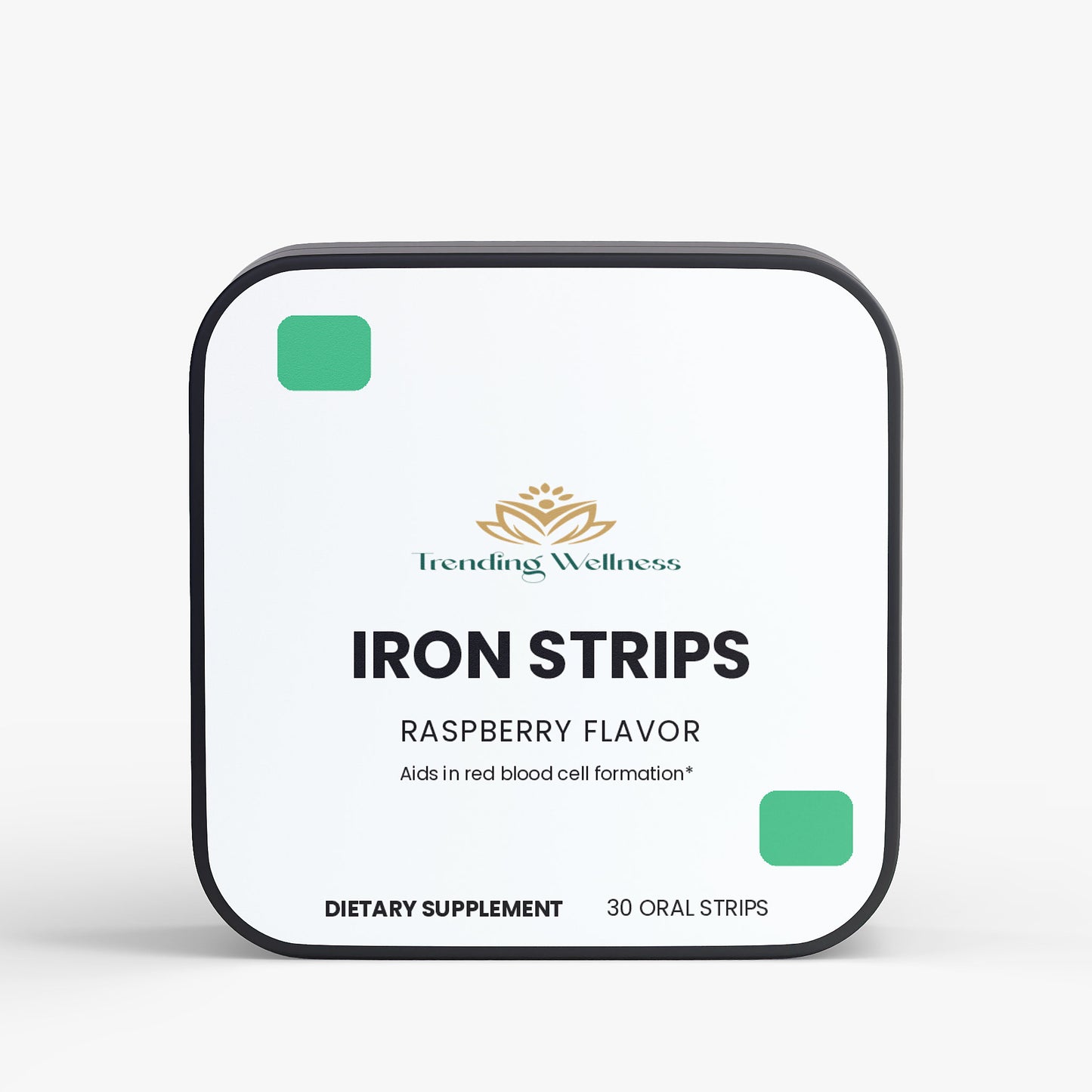 Packaging of Trending Wellness Iron Strips with raspberry flavor on a white background