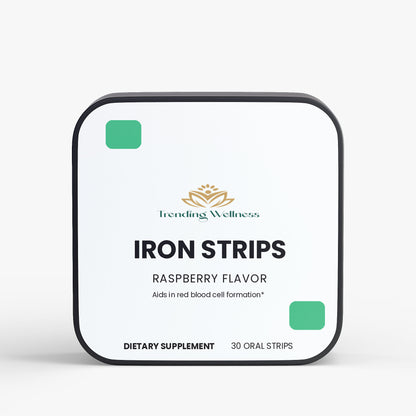 Packaging of Trending Wellness Iron Strips with raspberry flavor on a white background