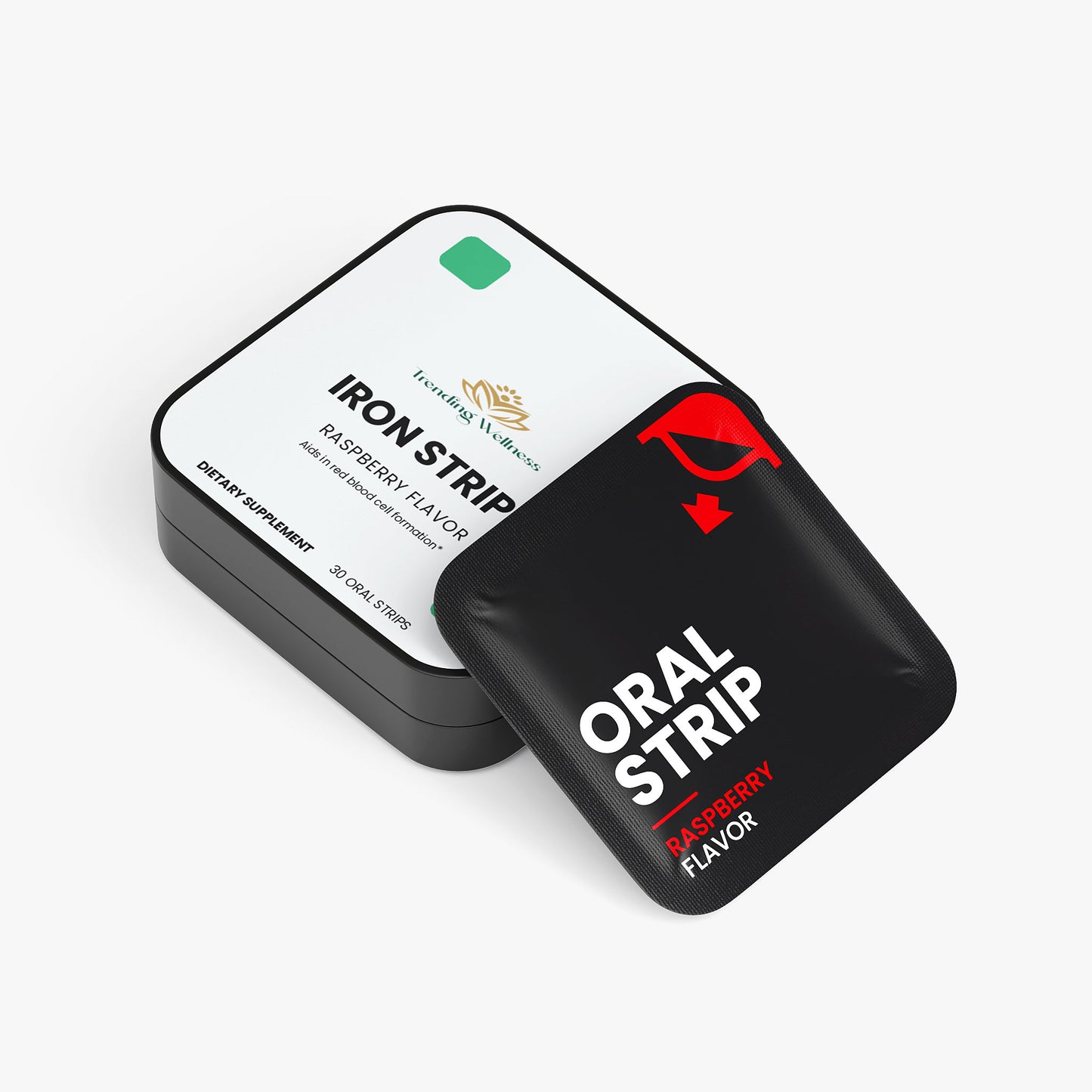 Black and white packaging of Iron Strip oral strips on a white background