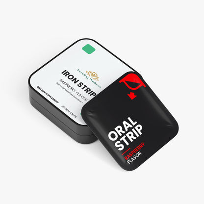 Black and white packaging of Iron Strip oral strips on a white background