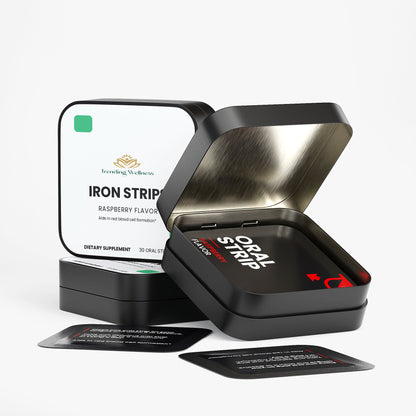 Black container with iron strip oral health product on a white background