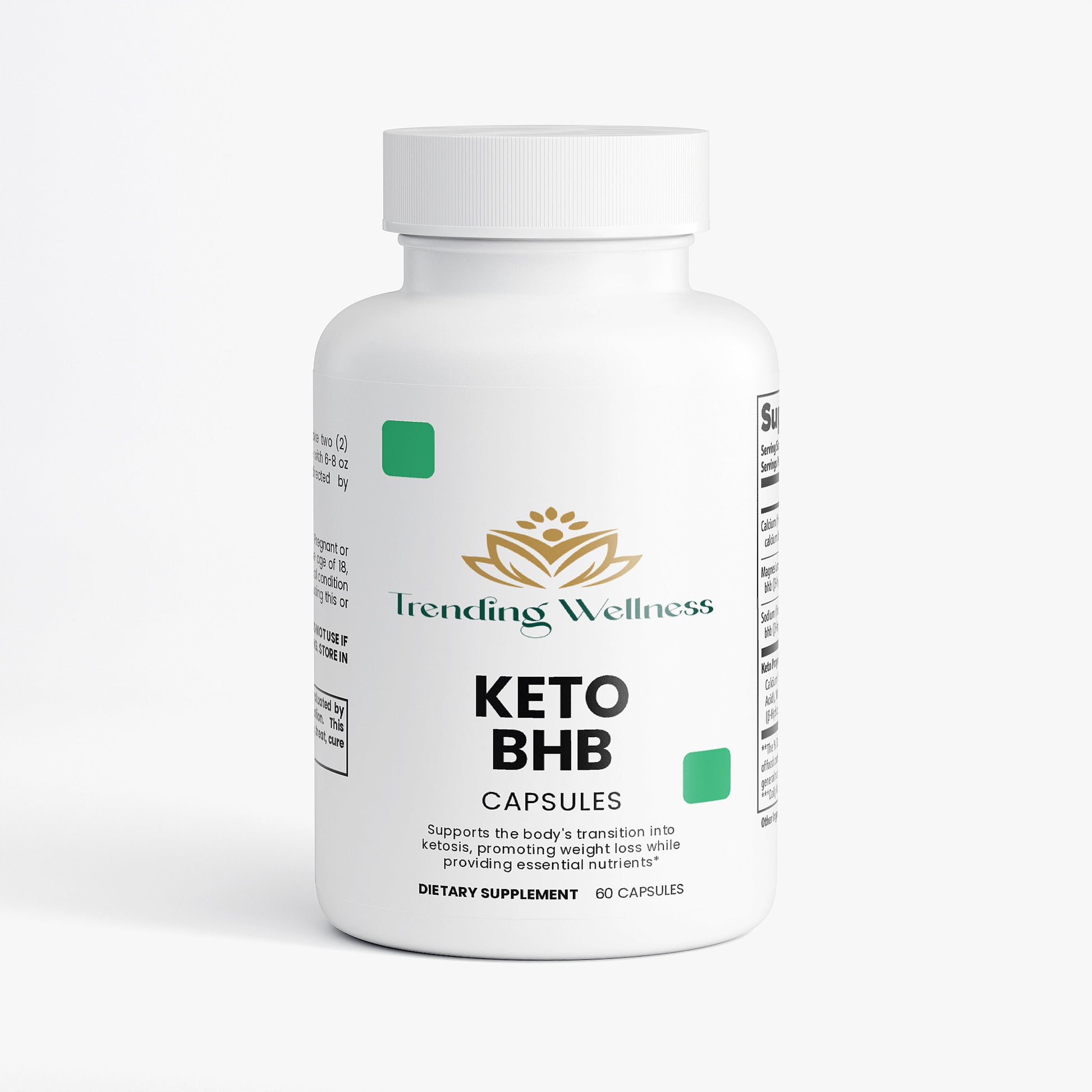 Bottle of Keto BHB capsules from Trending Wellness on a white background