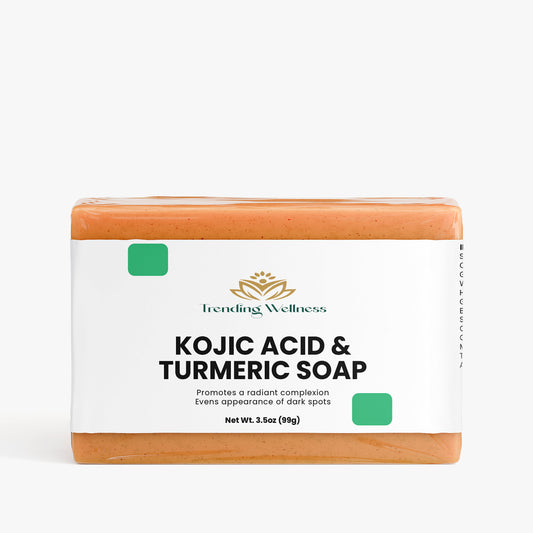 Kojic Acid & Turmeric Soap packaging with 'Trending Wellness' branding on a white background