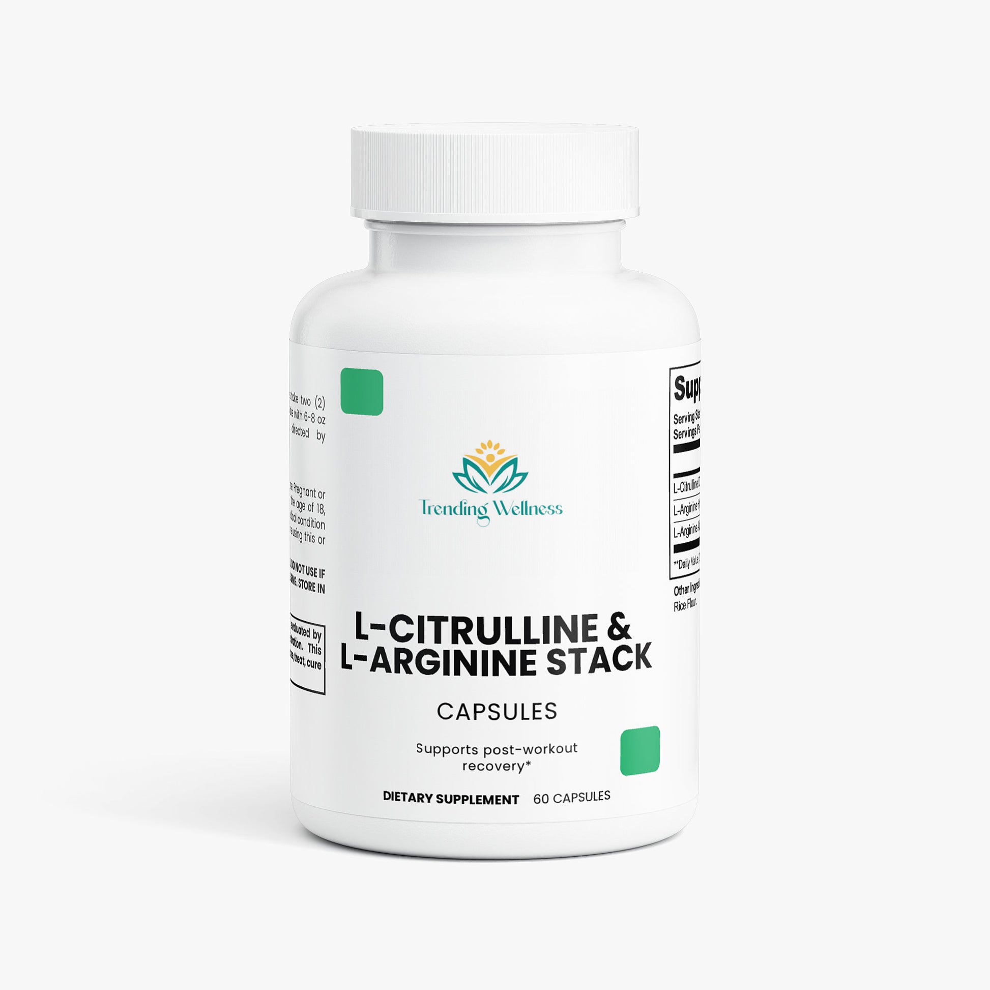 Supplement bottle labeled 'L-Citrulline & L-Arginine Stack' by Trending Wellness on a white background