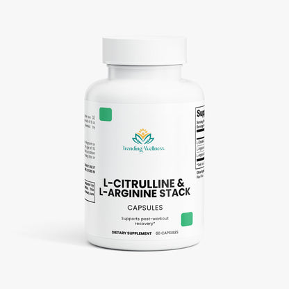 Supplement bottle labeled 'L-Citrulline & L-Arginine Stack' by Trending Wellness on a white background