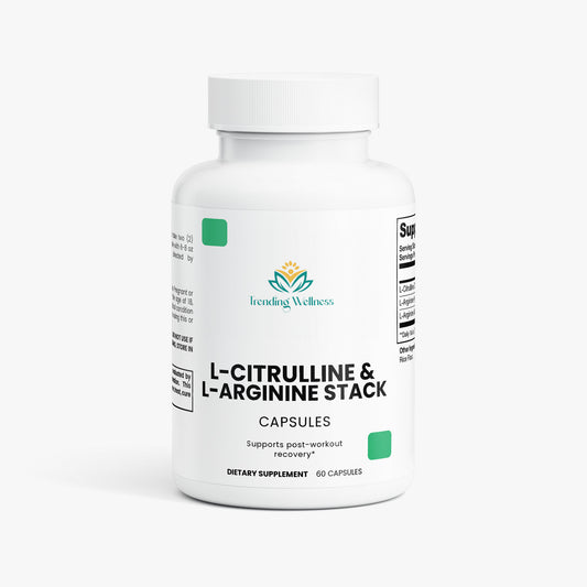Supplement bottle labeled 'L-Citrulline & L-Arginine Stack' by Trending Wellness on a white background